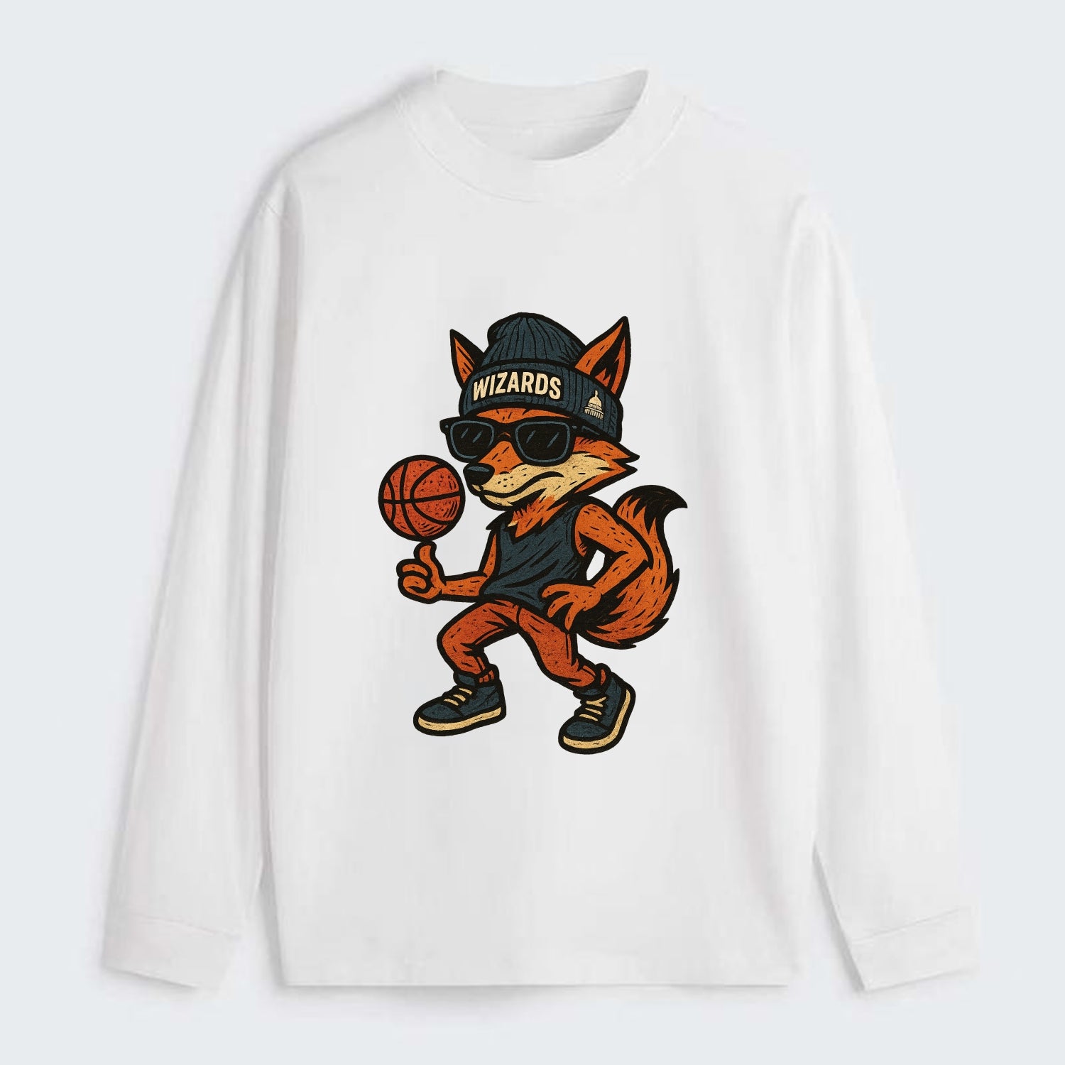 Washington Fox wearing Wizards beanie with capitol patch and wayfarer - Classic Long Sleeve Shirt - White