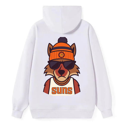 Arizona Coyote wearing Suns beanie with desert sun patch and wayfarer - Classic Pullover Hoodie - White