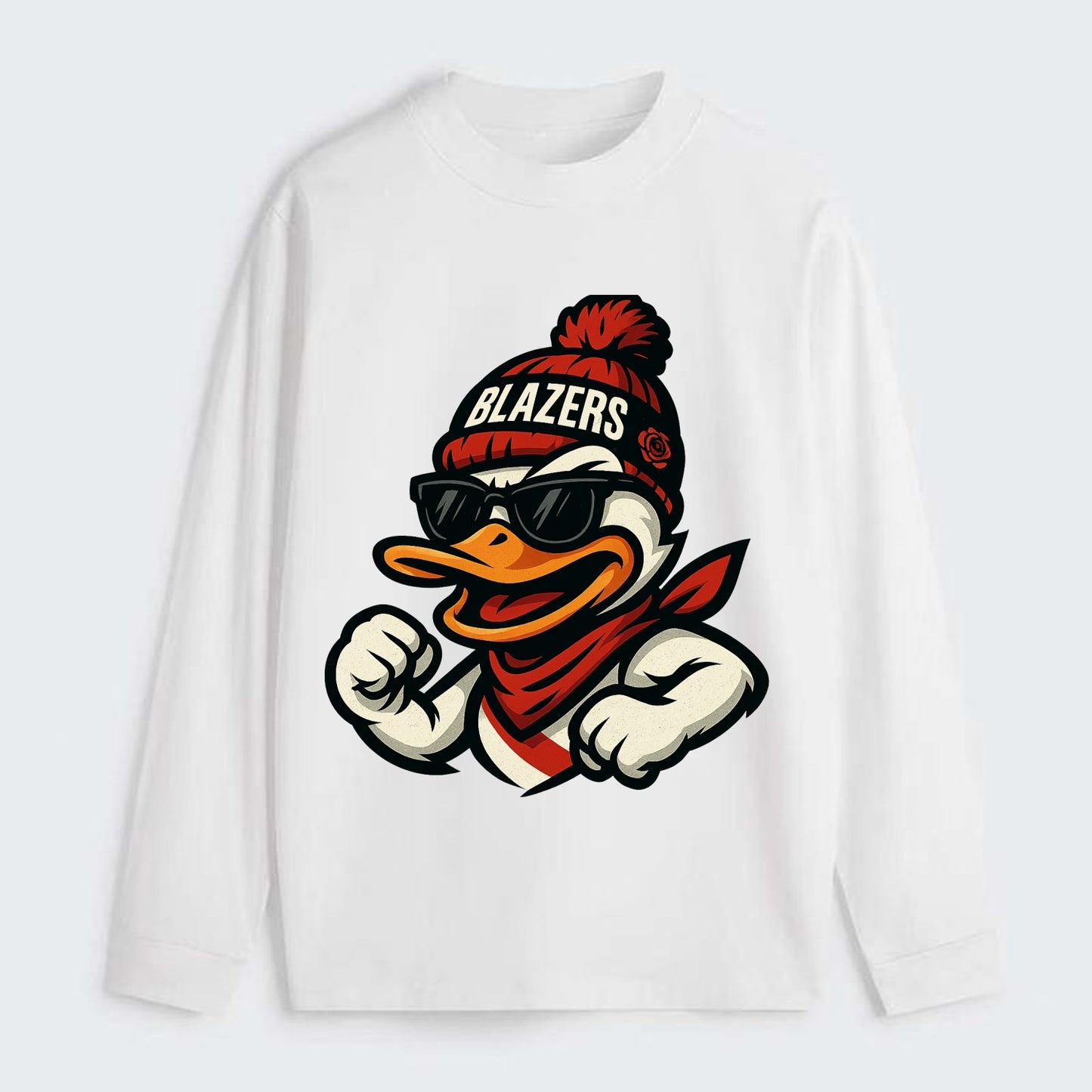 Oregon Duck wearing Trail Blazers beanie with rose patch and wayfarer - Classic Long Sleeve Shirt - White
