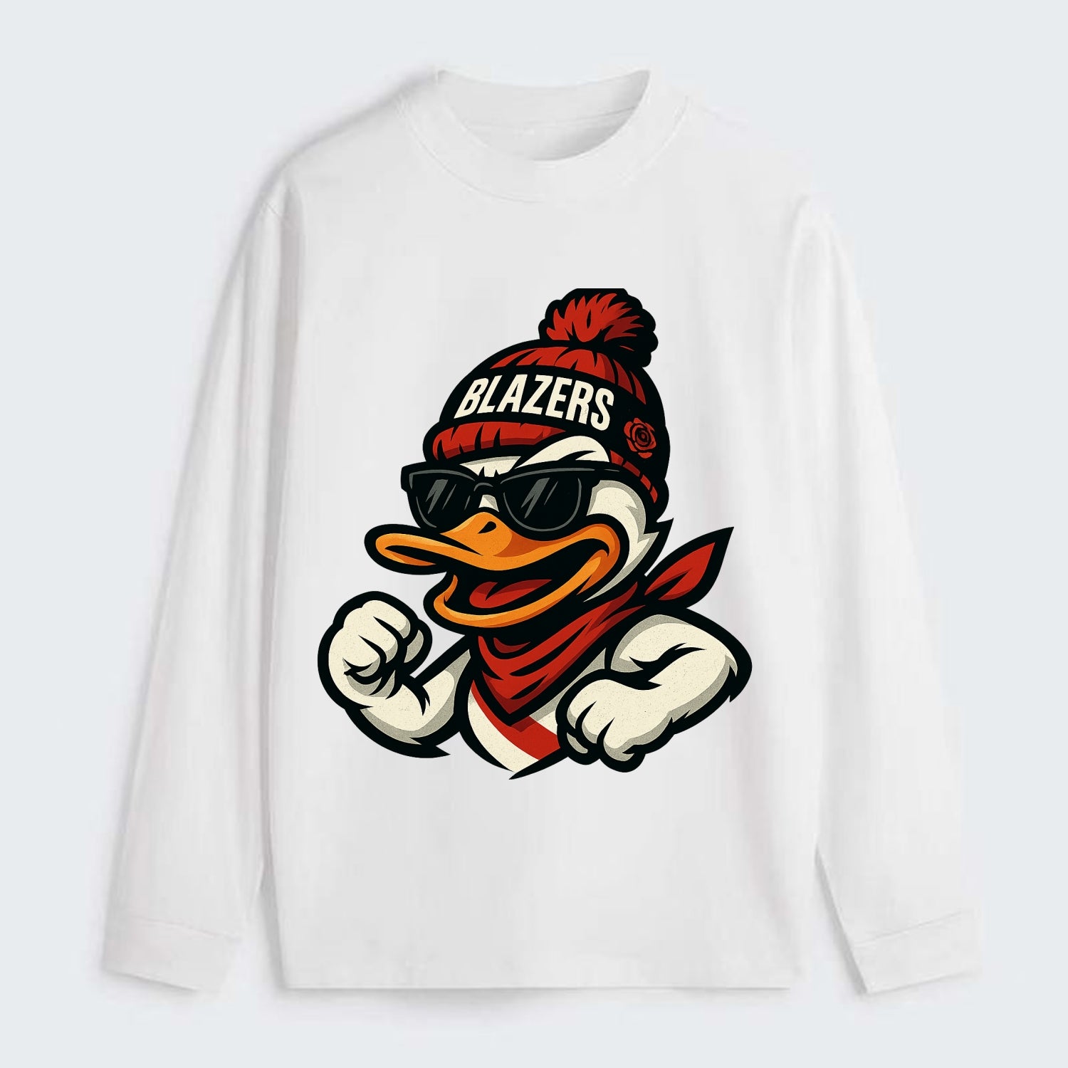Oregon Duck wearing Trail Blazers beanie with rose patch and wayfarer - Classic Long Sleeve Shirt - White