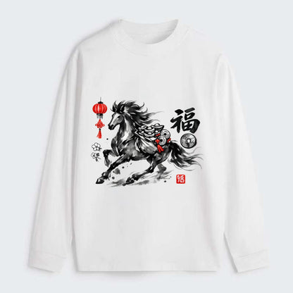 PROSPERITY HORSE | Horse carrying gold ingots and coins | Chinese knot - Classic Long Sleeve Shirt - White