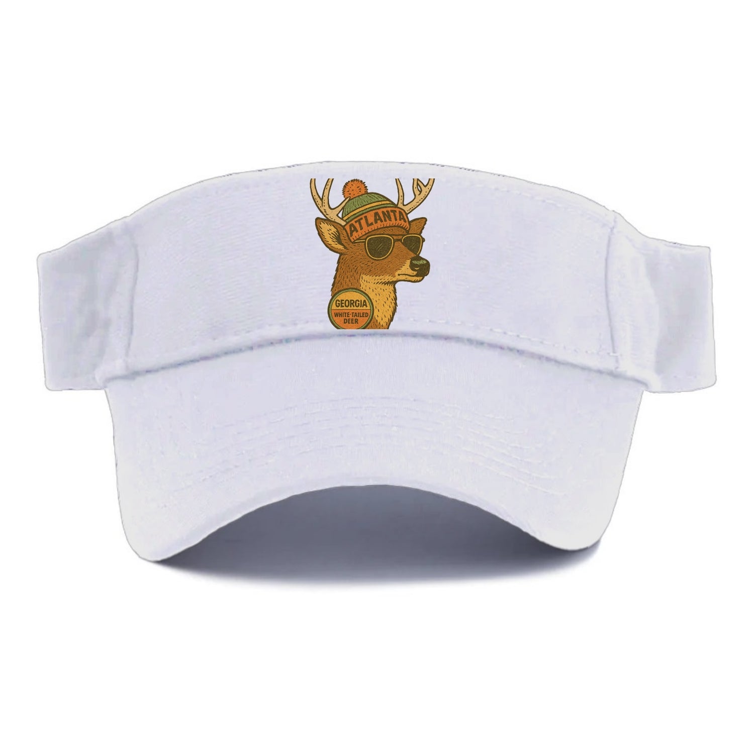 Georgia White-tailed Deer wearing Atlanta beanie with pom pom and wayfarer sunglasses - Visor - White