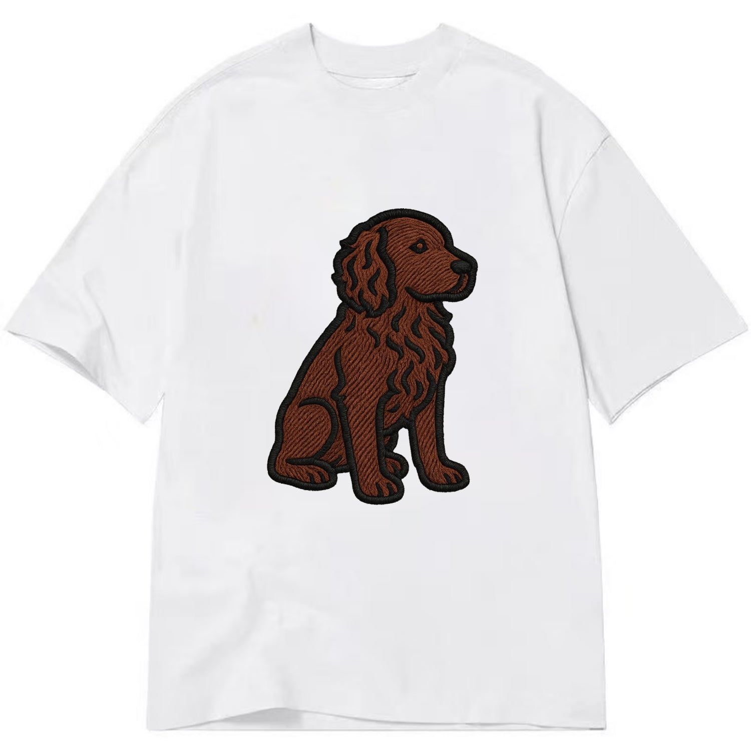 Boykin Spaniel - Rich chocolate brown wavy coat embroidered sitting pose - Classic T-shirt - White
