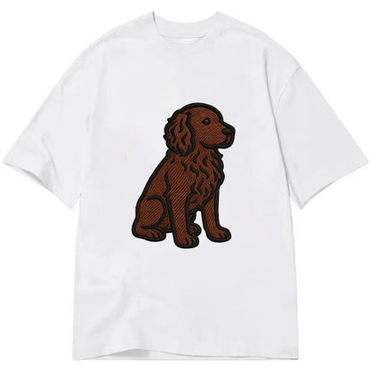 Boykin Spaniel - Rich chocolate brown wavy coat embroidered sitting pose - Classic T-shirt - White