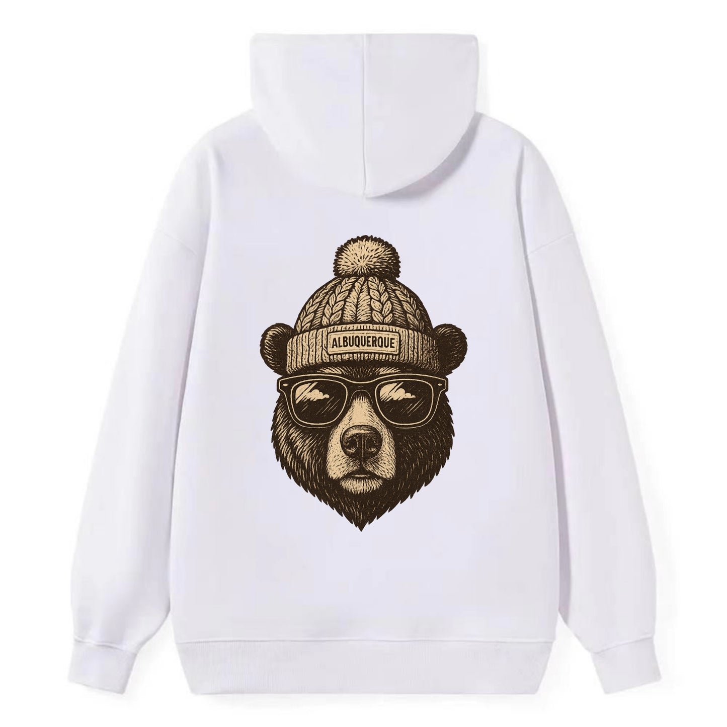 New Mexico Black Bear wearing Albuquerque beanie with pom pom and - Classic Pullover Hoodie - White