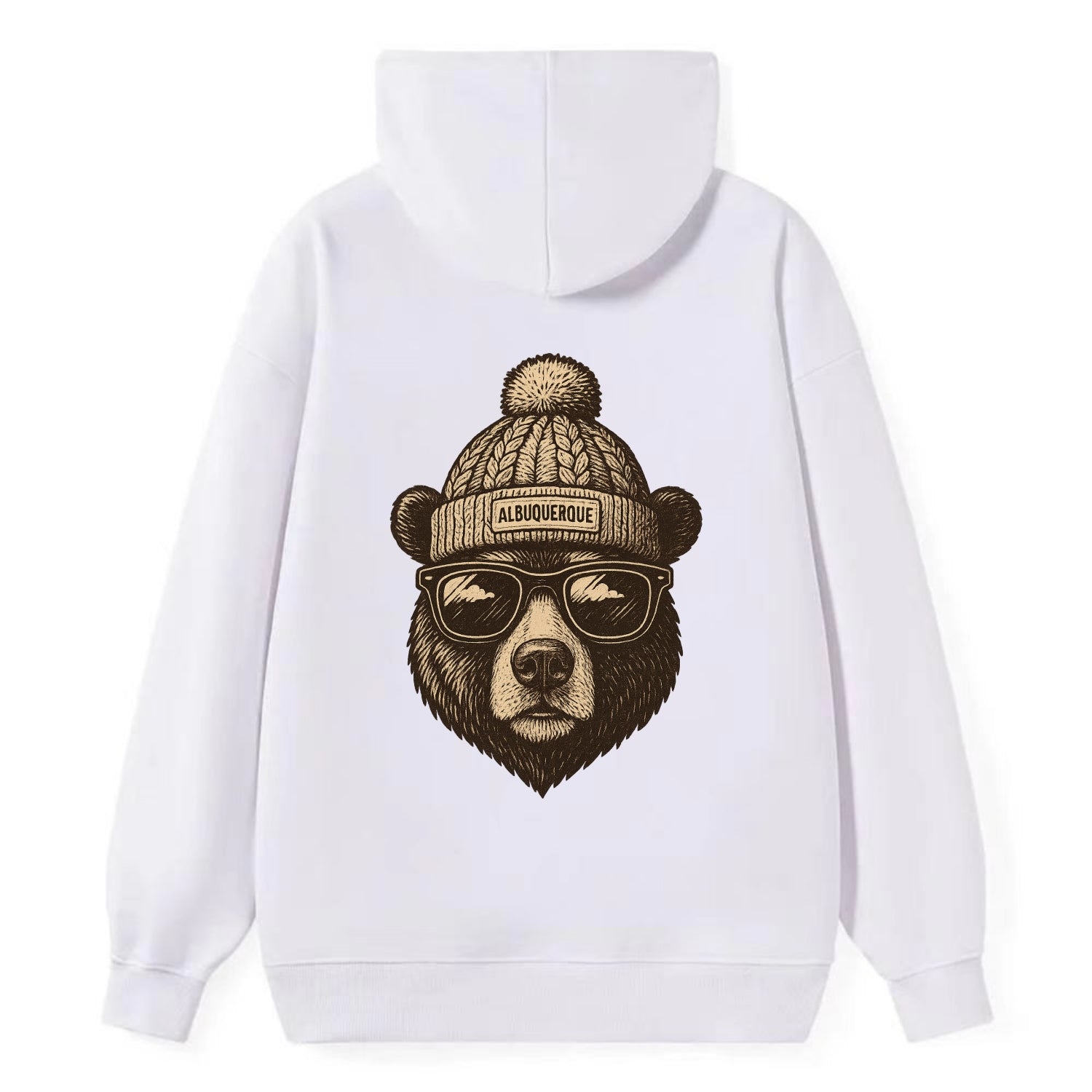New Mexico Black Bear wearing Albuquerque beanie with pom pom and - Classic Pullover Hoodie - White