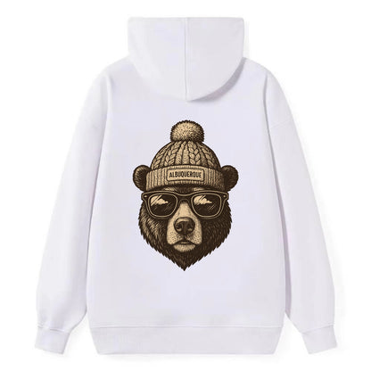 New Mexico Black Bear wearing Albuquerque beanie with pom pom and - Classic Pullover Hoodie - White