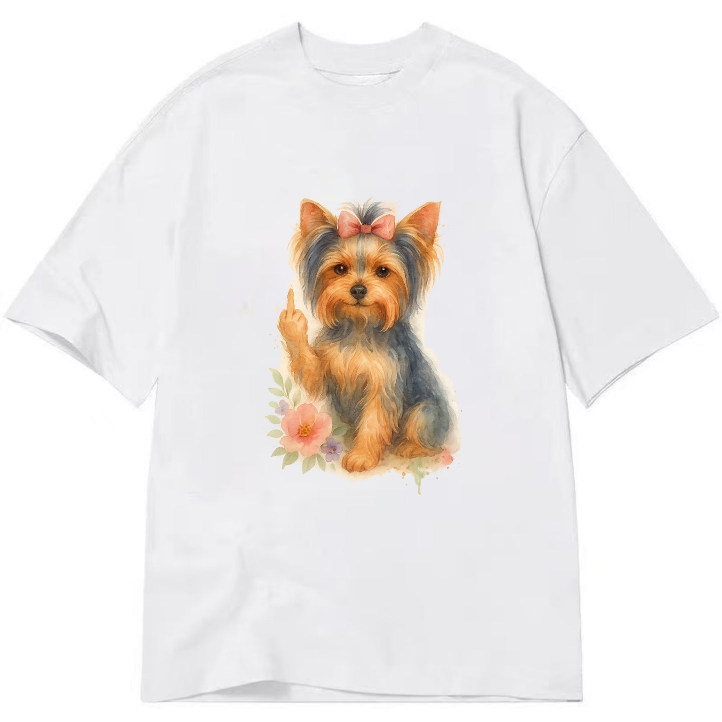 Yorkshire Terrier with topknot bow, one delicate paw flipping off - Classic T-shirt - White