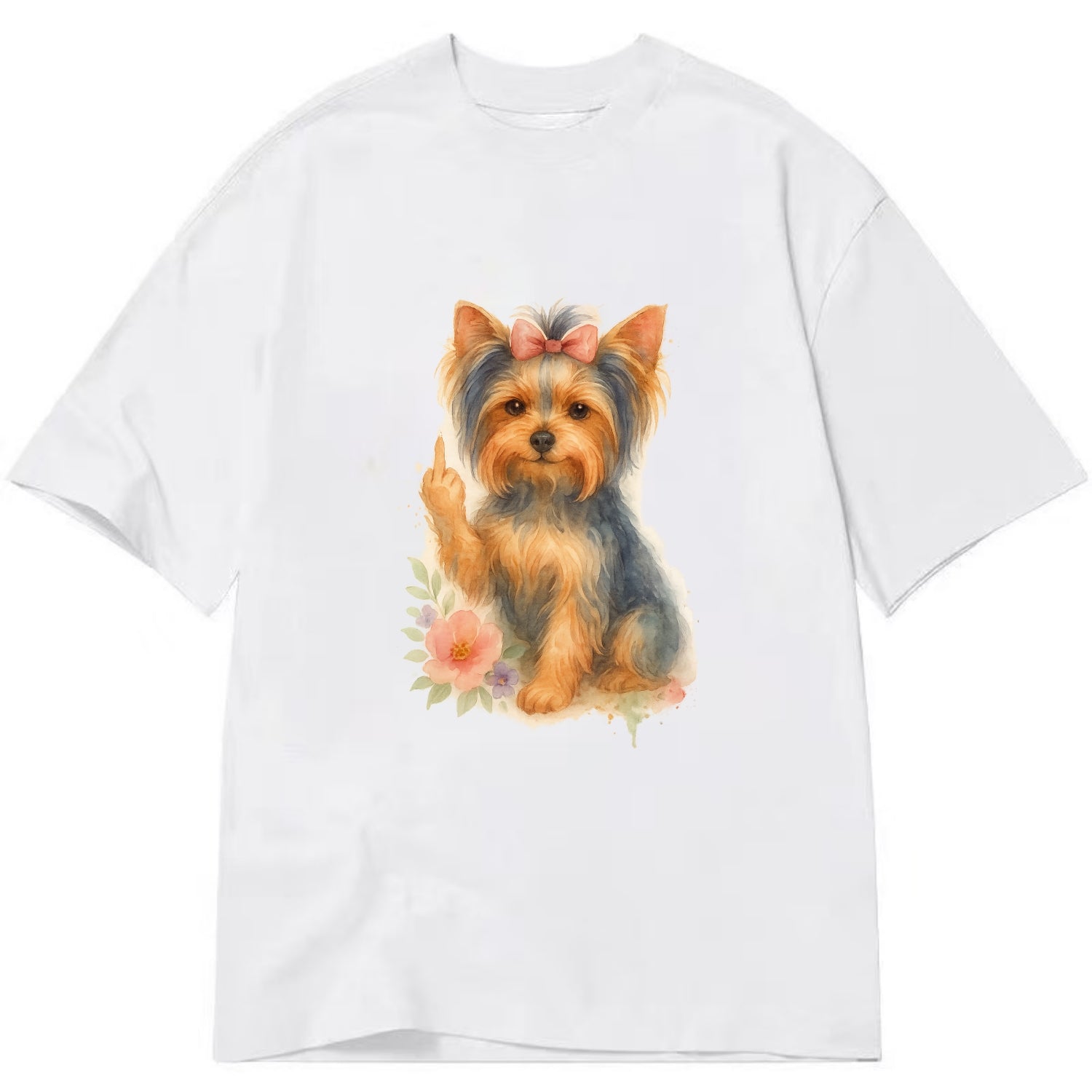 Yorkshire Terrier with topknot bow, one delicate paw flipping off - Classic T-shirt - White