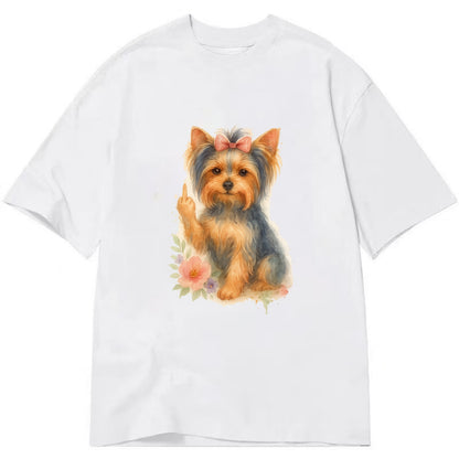 Yorkshire Terrier with topknot bow, one delicate paw flipping off - Classic T-shirt - White