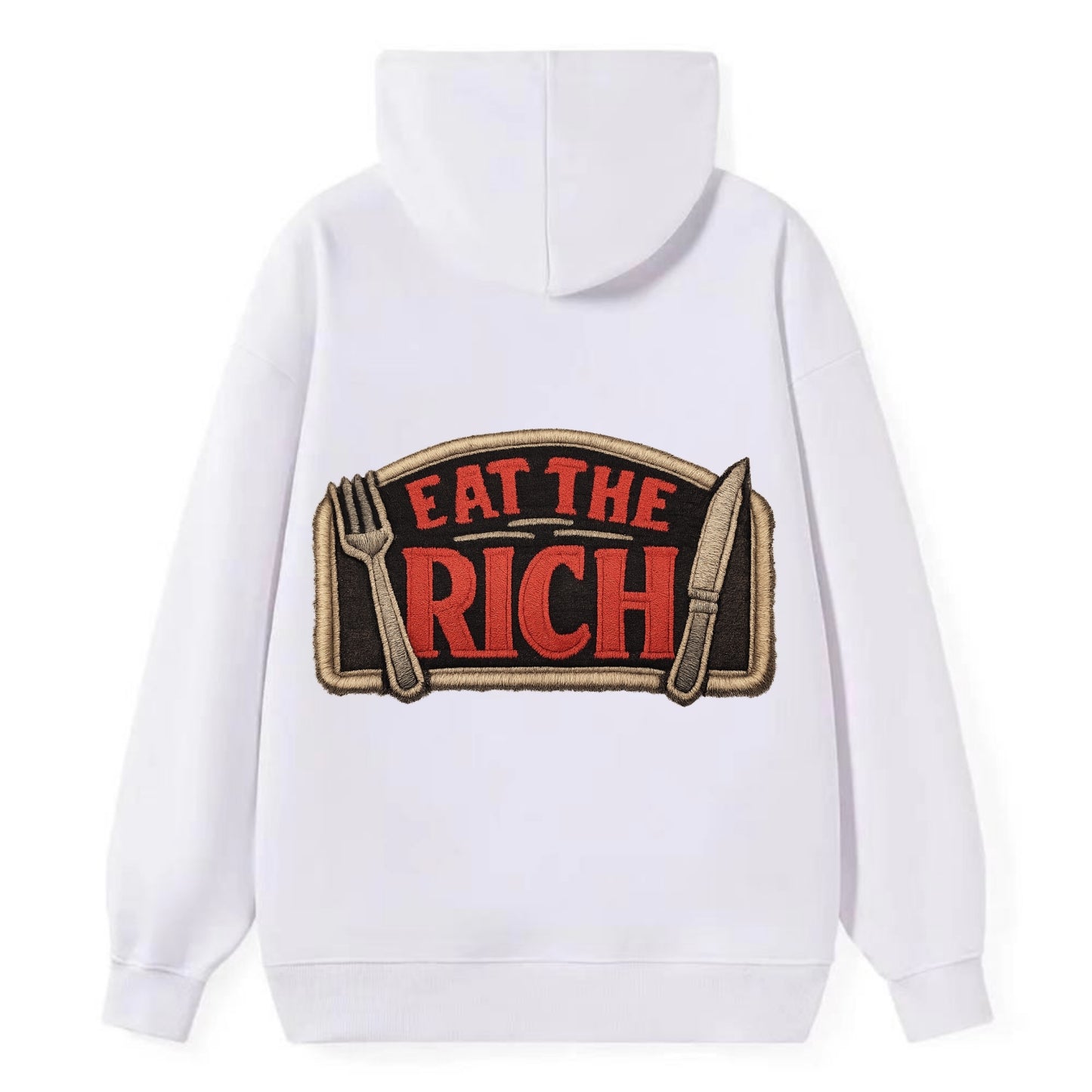 EAT THE RICH - fork and knife with text in red and silver , class war - Classic Pullover Hoodie - White