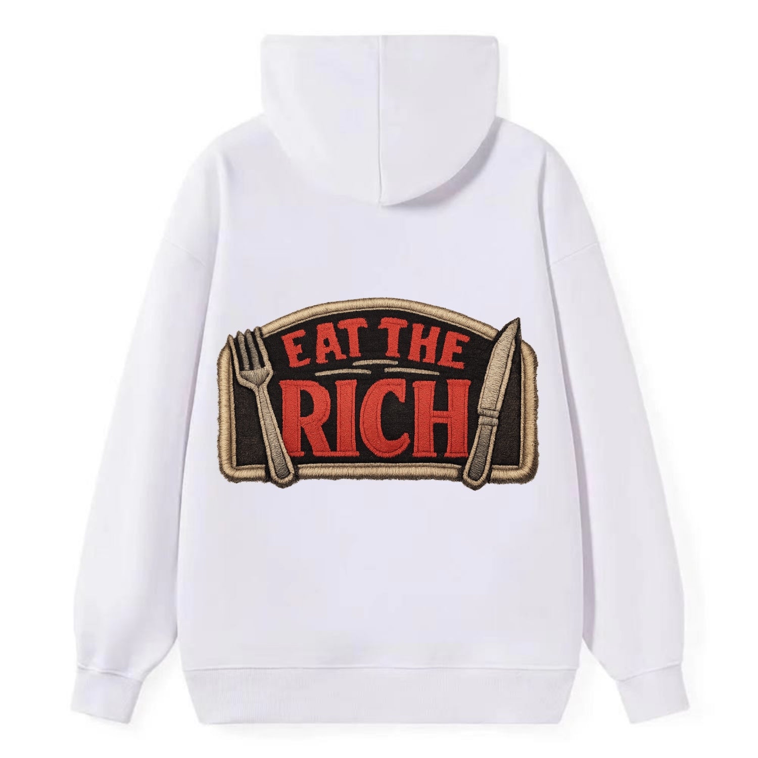 EAT THE RICH - fork and knife with text in red and silver , class war - Classic Pullover Hoodie - White