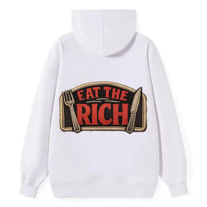 EAT THE RICH - fork and knife with text in red and silver , class war - Classic Pullover Hoodie - White