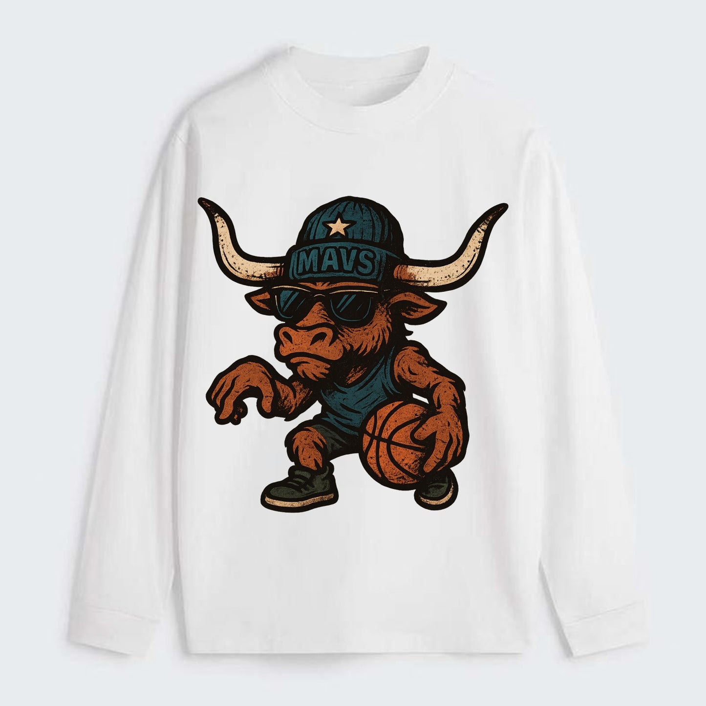 Texas Longhorn wearing Mavs beanie with lone star patch and wayfarer - Classic Long Sleeve Shirt - White