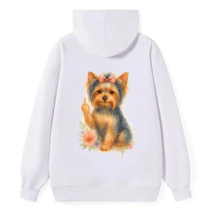 Yorkshire Terrier with topknot bow, one delicate paw flipping off - Classic Pullover Hoodie - White