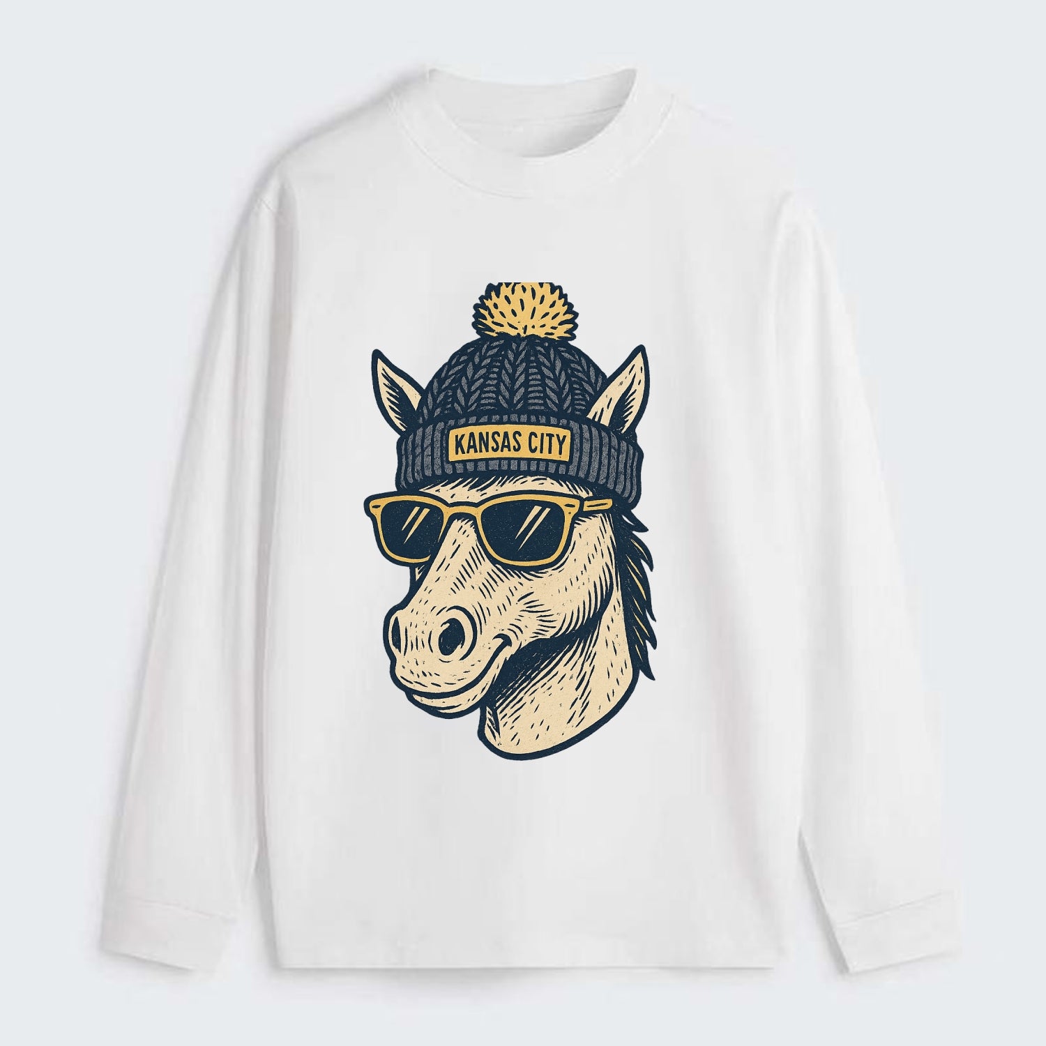 Missouri Mule wearing Kansas City beanie with pom pom and wayfarer - Classic Long Sleeve Shirt - White