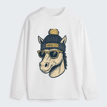 Missouri Mule wearing Kansas City beanie with pom pom and wayfarer - Classic Long Sleeve Shirt - White