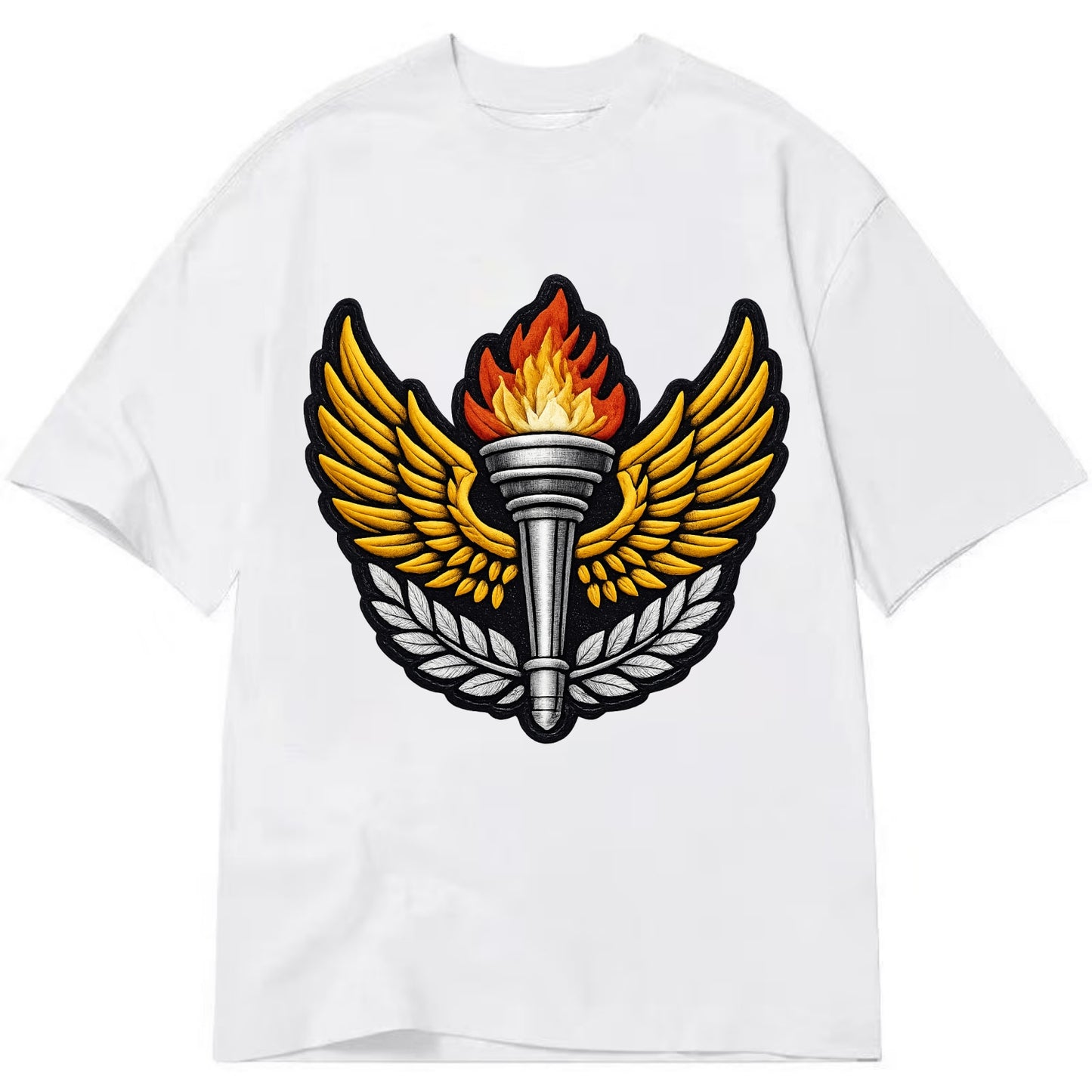 Embroidered patch design - TRACK AND FIELD TORCH - Olympic style torch with wings - Classic T-shirt - White