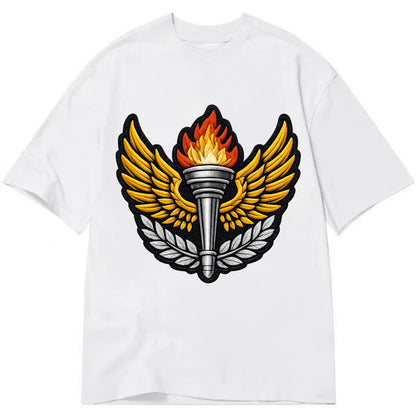 Embroidered patch design - TRACK AND FIELD TORCH - Olympic style torch with wings - Classic T-shirt - White