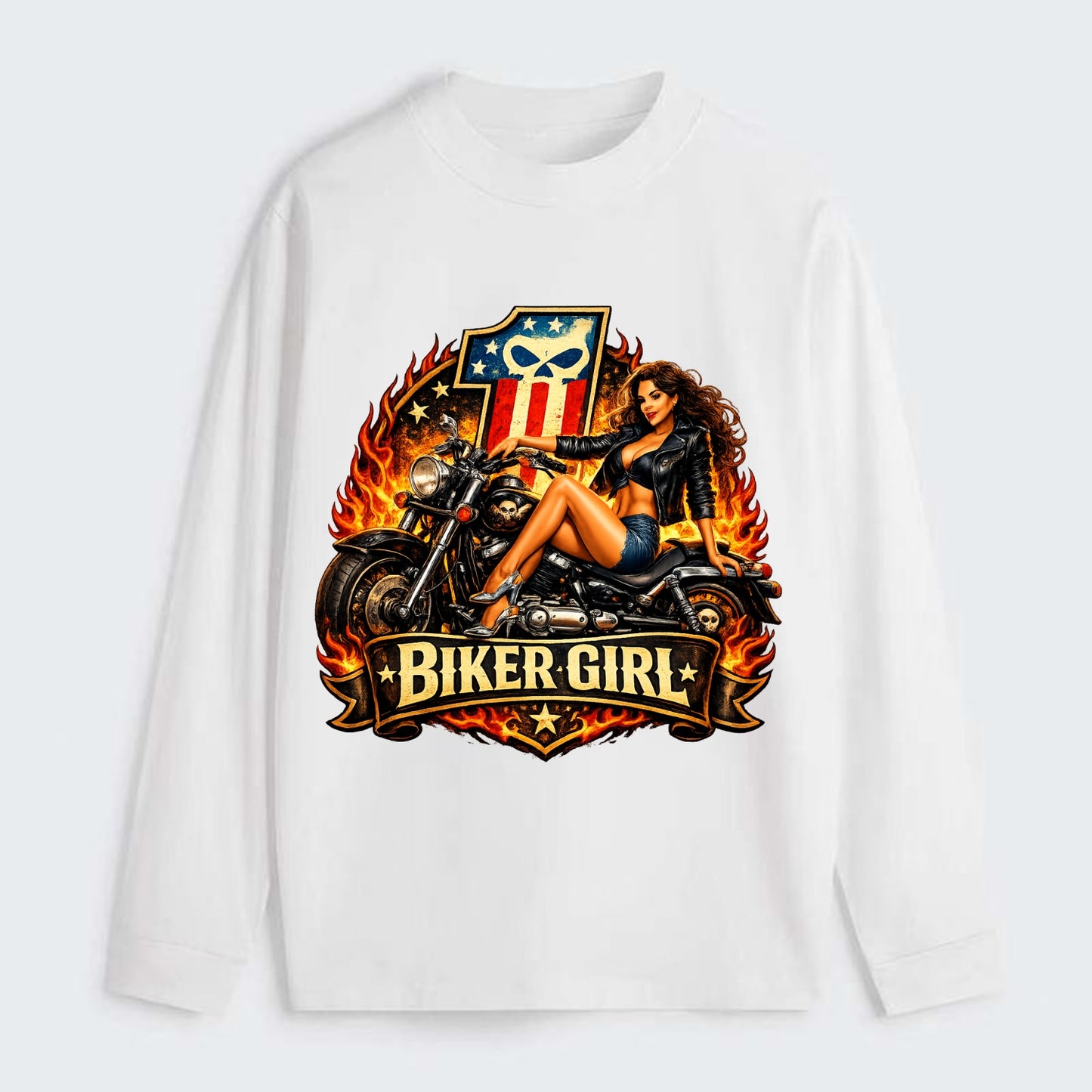 Vintage Biker Pin Up - Classic Long Sleeve Shirt - White