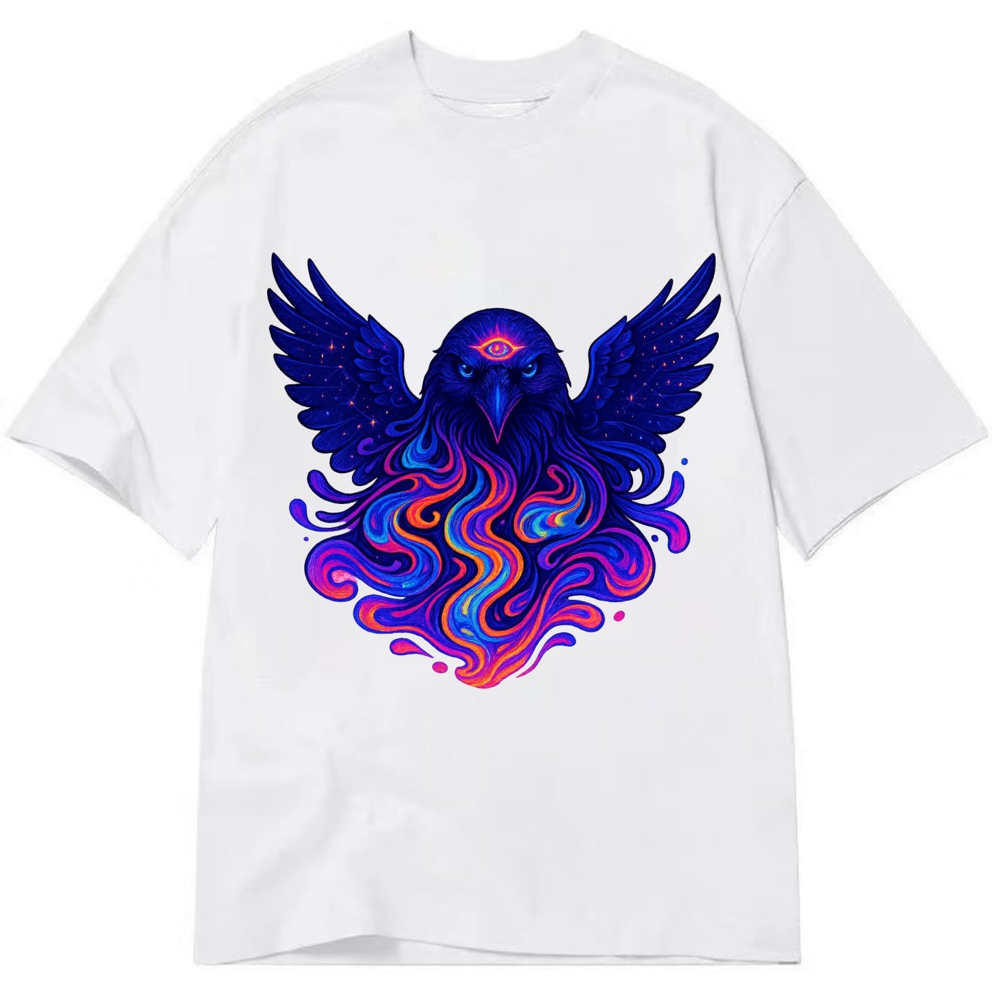 Mysterious raven with feathers showing future visions in neon colors, wings - Classic T-shirt - White