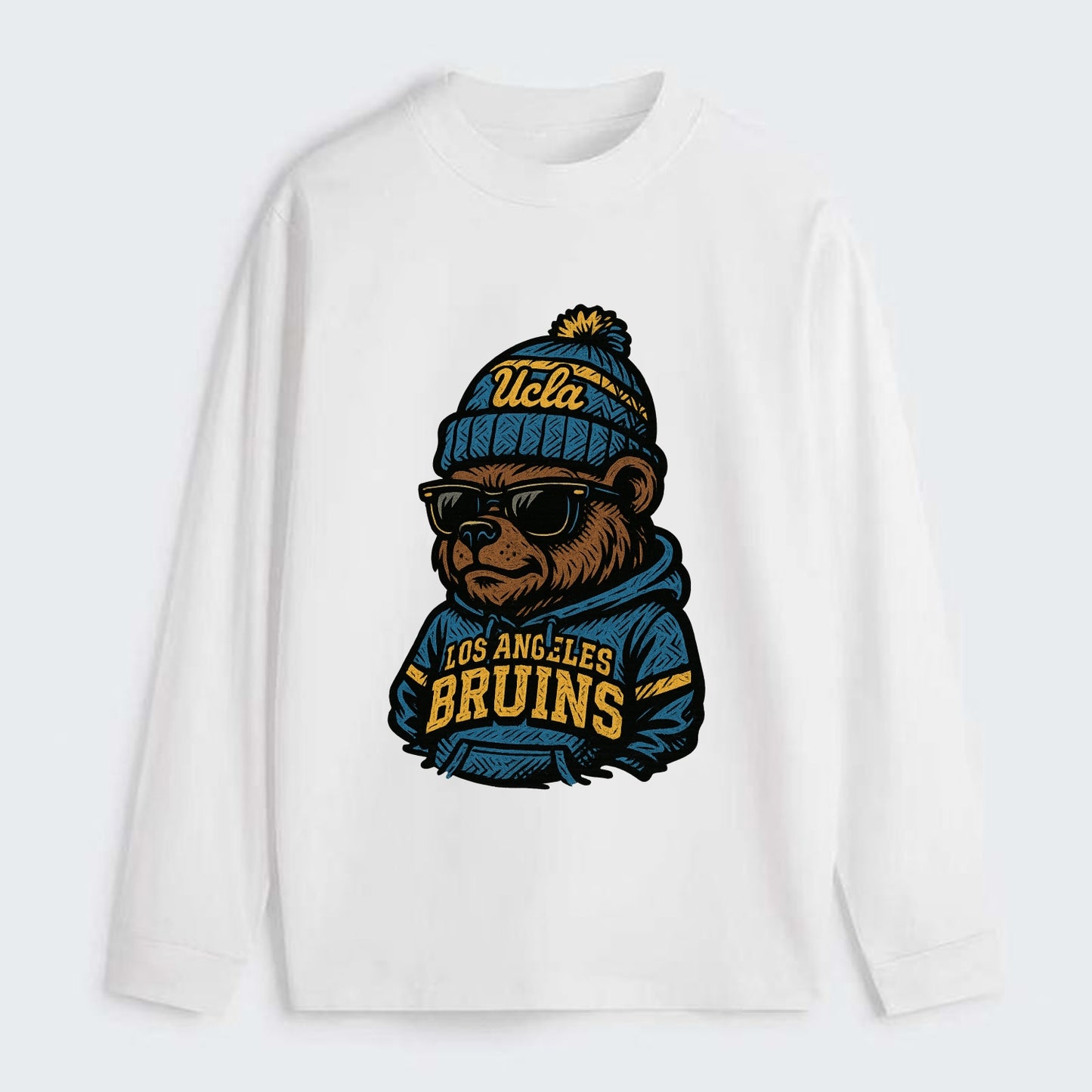 Los Angeles Bruin wearing UCLA beanie with script patch - Classic Long Sleeve Shirt - White