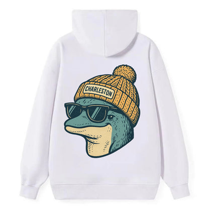 Charleston Dolphin wearing Charleston beanie with pom pom and wayfarer - Classic Pullover Hoodie - White
