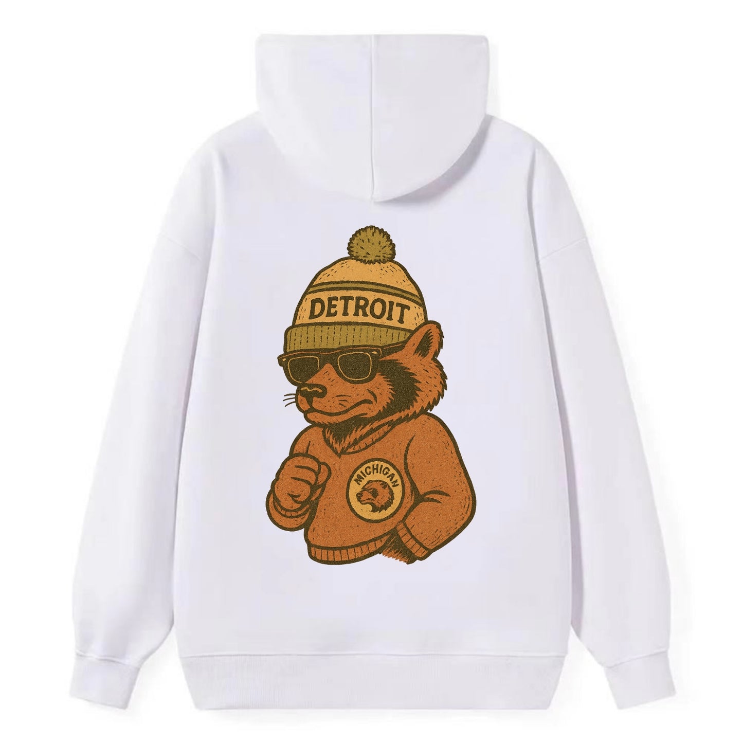Michigan Wolverine wearing Detroit beanie with pom pom and wayfarer - Classic Pullover Hoodie - White