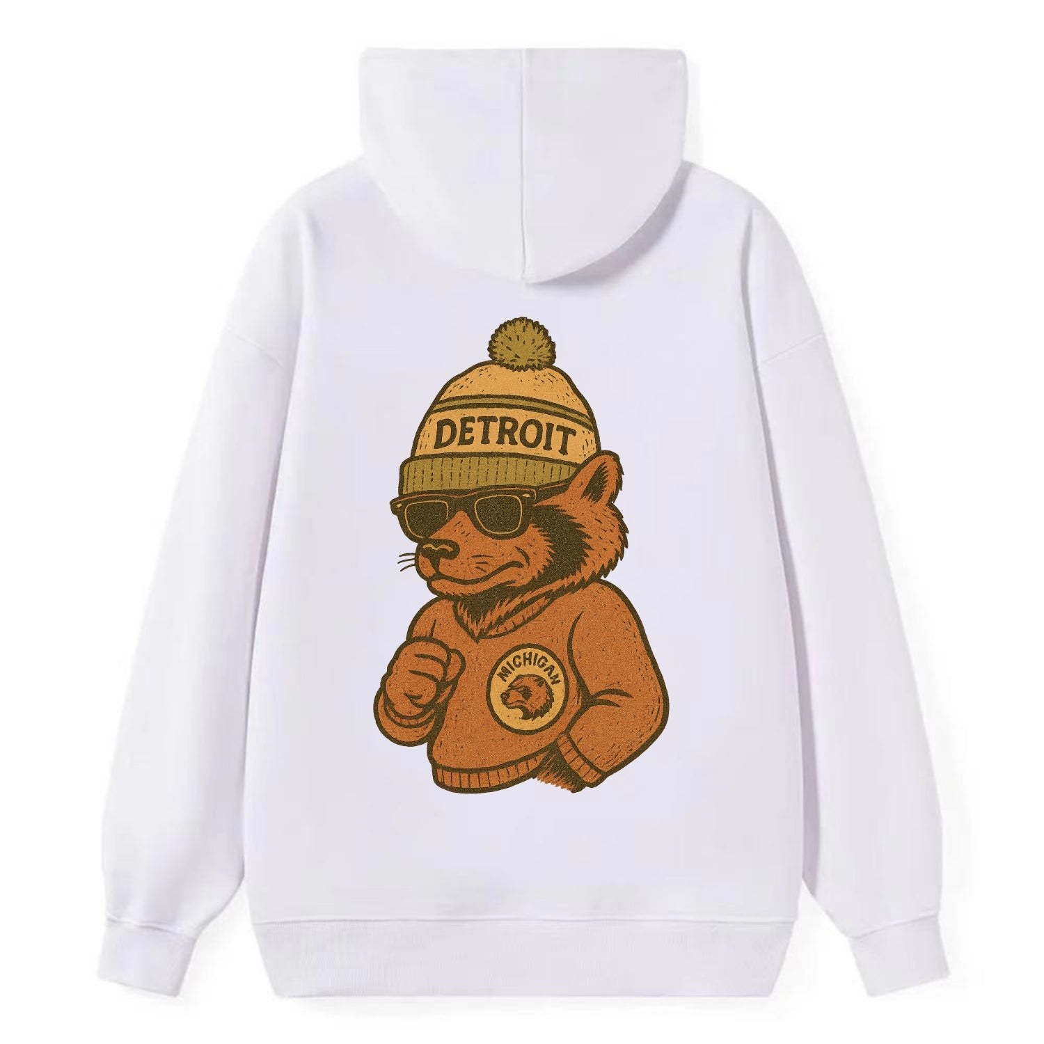 Michigan Wolverine wearing Detroit beanie with pom pom and wayfarer - Classic Pullover Hoodie - White