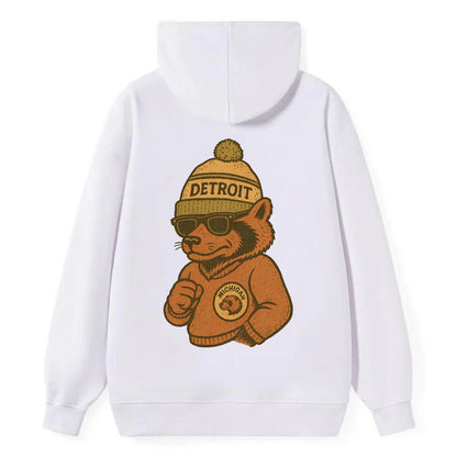 Michigan Wolverine wearing Detroit beanie with pom pom and wayfarer - Classic Pullover Hoodie - White