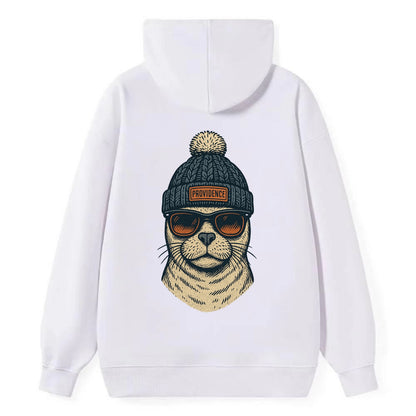 Rhode Island Harbor Seal wearing Providence beanie with pom pom and - Classic Pullover Hoodie - White