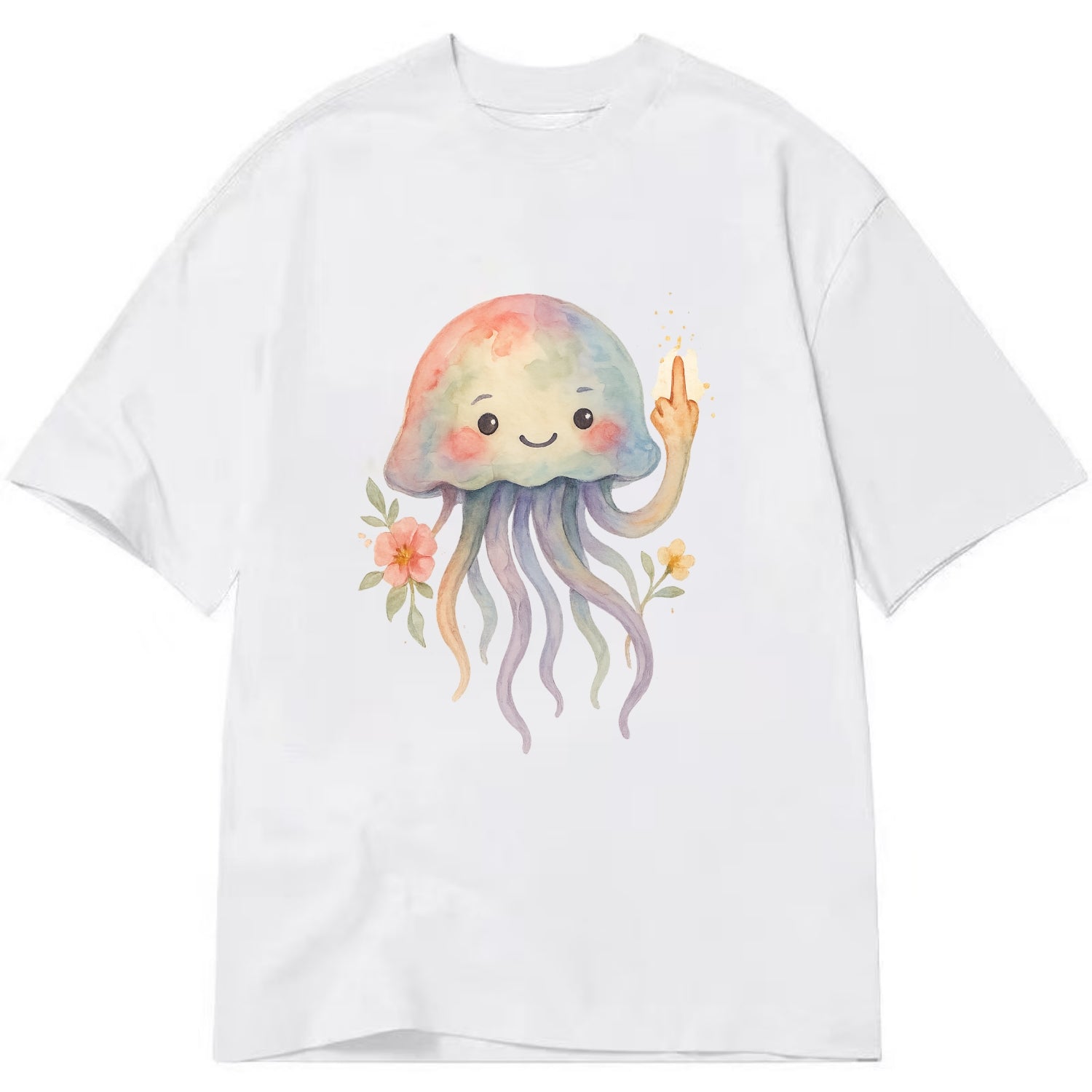 jellyfish with kawaii face and tentacles, one tentacle pointing up defiantly - Classic T-shirt - White