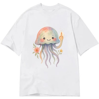 jellyfish with kawaii face and tentacles, one tentacle pointing up defiantly - Classic T-shirt - White