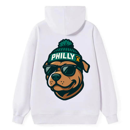 Philly Pitbull wearing Eagles beanie with Liberty Bell patch and wayfarer - Classic Pullover Hoodie - White