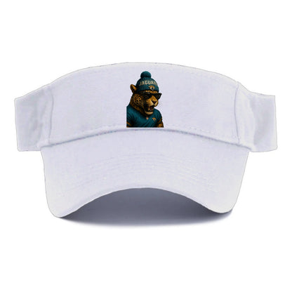 Jacksonville Jaguar wearing Jaguars teal and gold beanie with pom pom and wayfarer - Visor - White