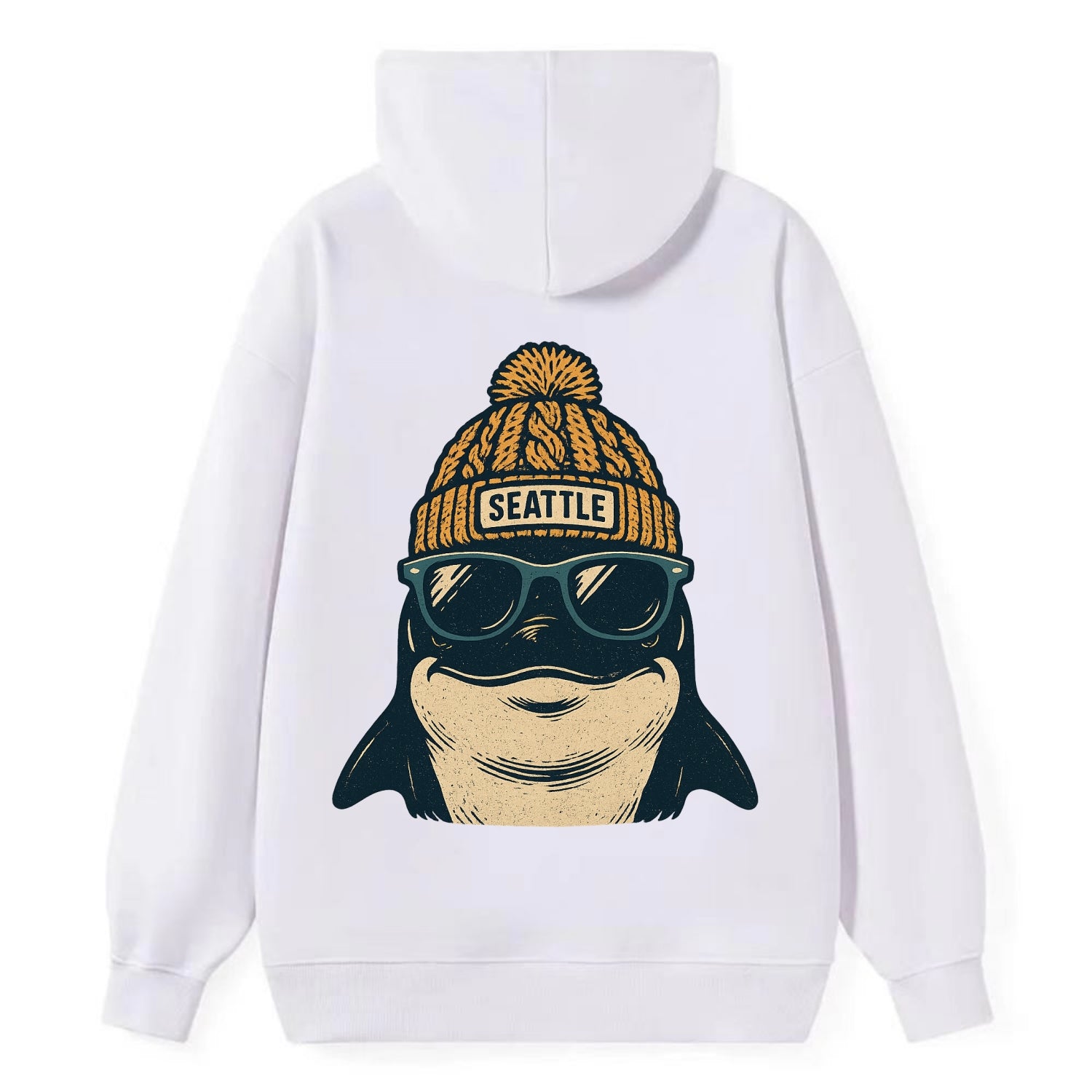Seattle Orca wearing Seattle beanie with pom pom and wayfarer sunglasses - Classic Pullover Hoodie - White