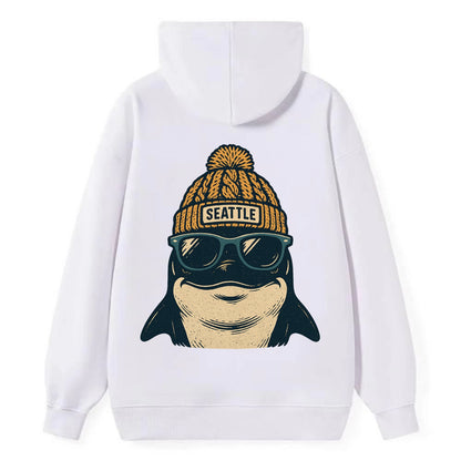 Seattle Orca wearing Seattle beanie with pom pom and wayfarer sunglasses - Classic Pullover Hoodie - White