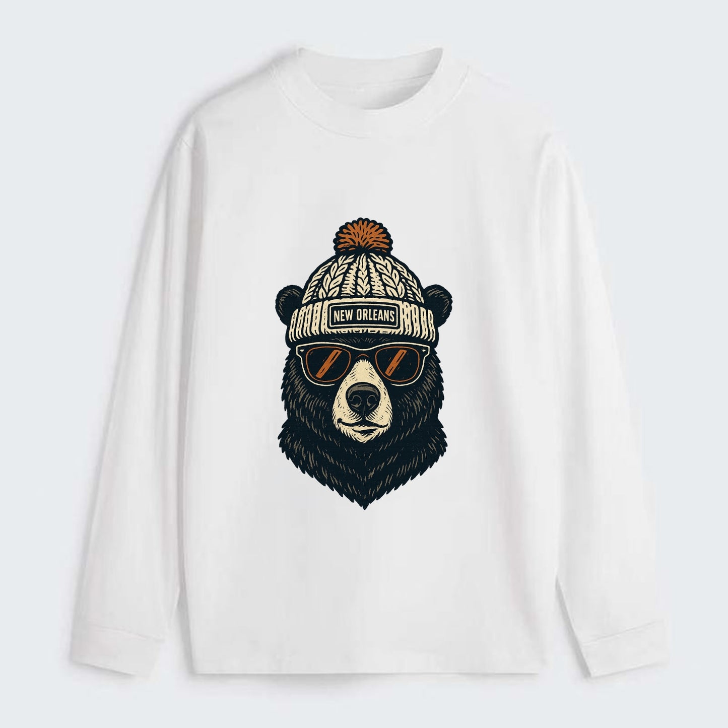 Louisiana Black Bear wearing New Orleans beanie with pom pom and - Classic Long Sleeve Shirt - White