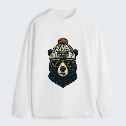 Louisiana Black Bear wearing New Orleans beanie with pom pom and - Classic Long Sleeve Shirt - White