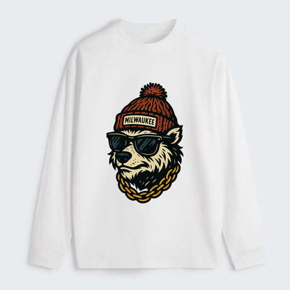 Milwaukee Badger wearing Milwaukee beanie with pom pom and wayfarer - Classic Long Sleeve Shirt - White