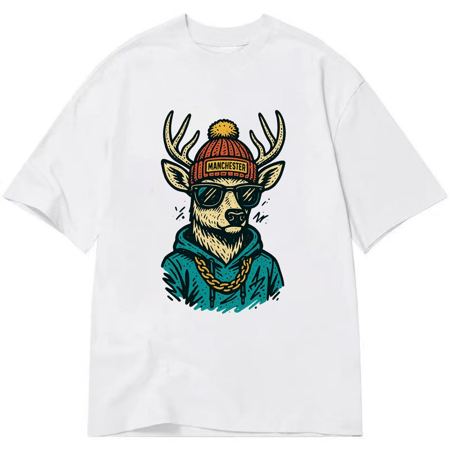 New Hampshire White-tailed Deer wearing Manchester beanie with pom pom and - Classic T-shirt - White