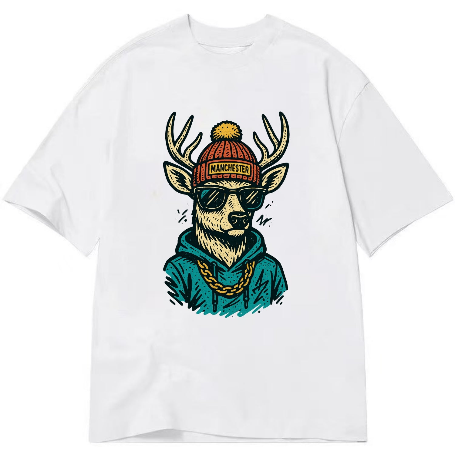 New Hampshire White-tailed Deer wearing Manchester beanie with pom pom and - Classic T-shirt - White