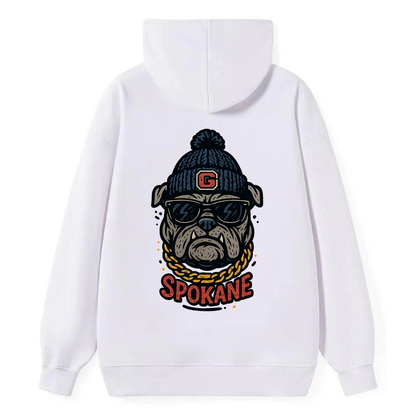 Spokane Bulldog wearing Gonzaga beanie with G patch - Classic Pullover Hoodie - White