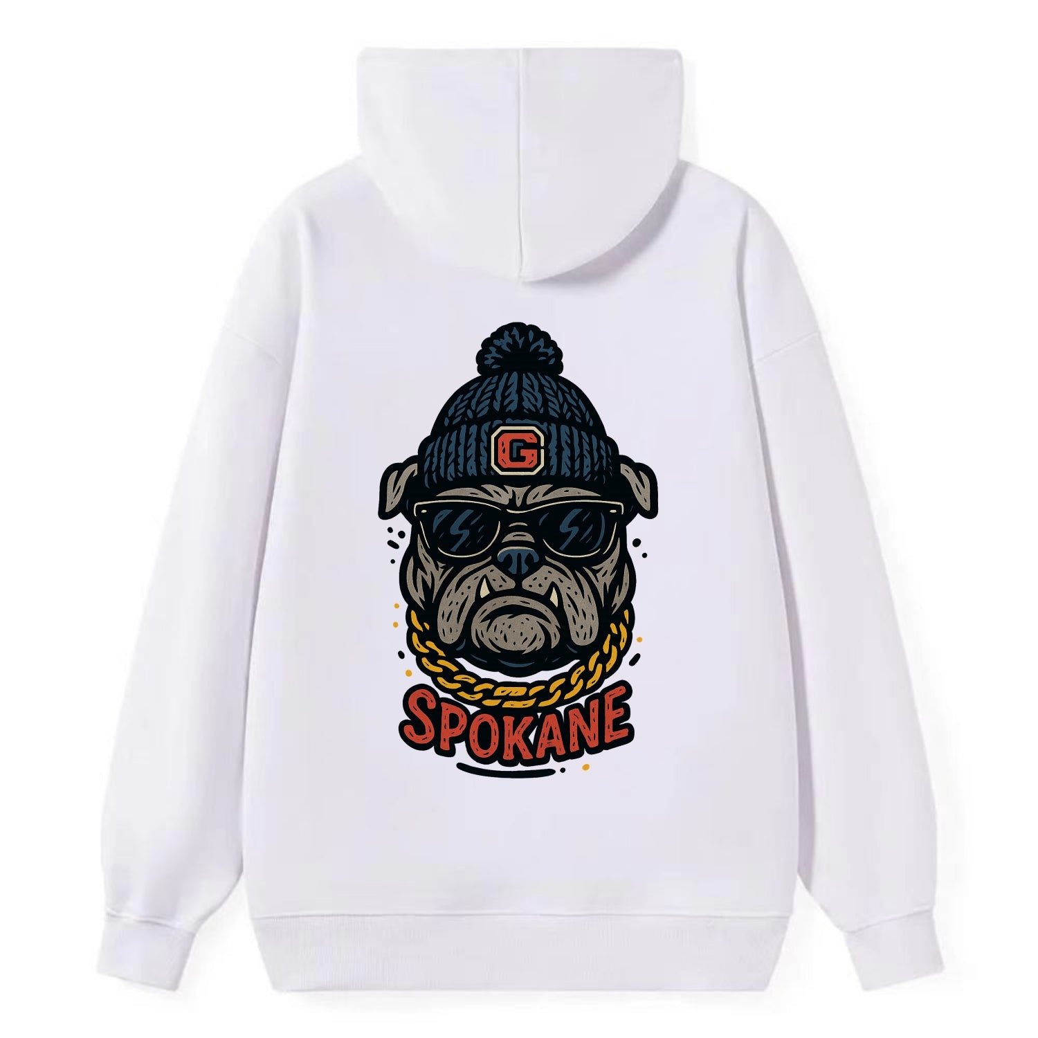 Spokane Bulldog wearing Gonzaga beanie with G patch - Classic Pullover Hoodie - White