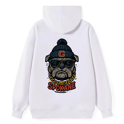 Spokane Bulldog wearing Gonzaga beanie with G patch - Classic Pullover Hoodie - White