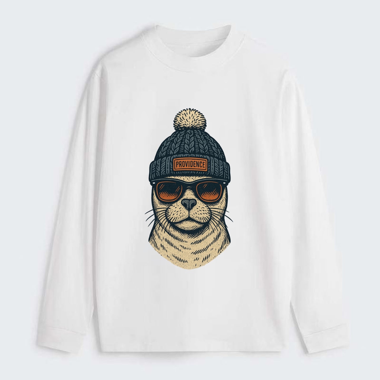 Rhode Island Harbor Seal wearing Providence beanie with pom pom and - Classic Long Sleeve Shirt - White
