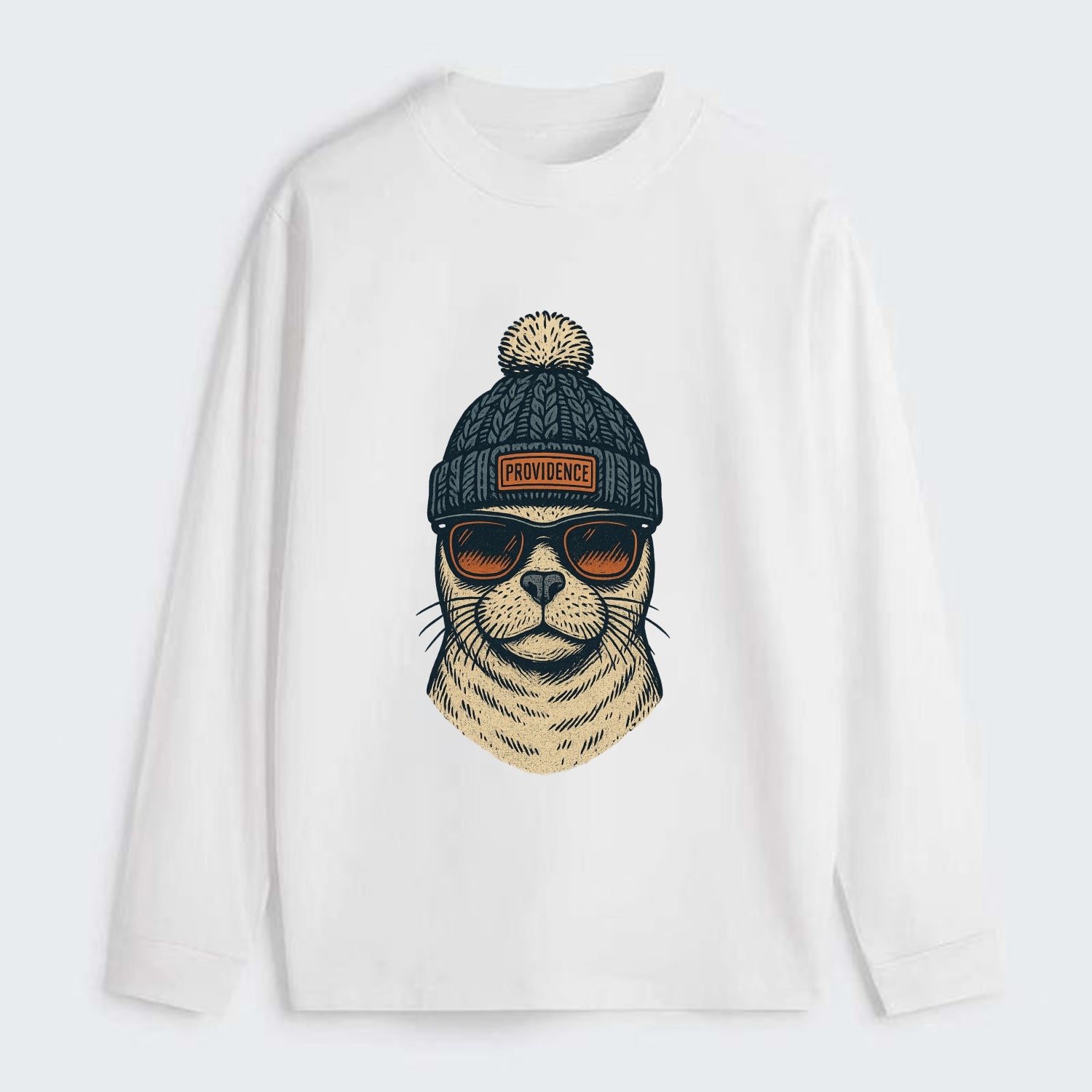 Rhode Island Harbor Seal wearing Providence beanie with pom pom and - Classic Long Sleeve Shirt - White