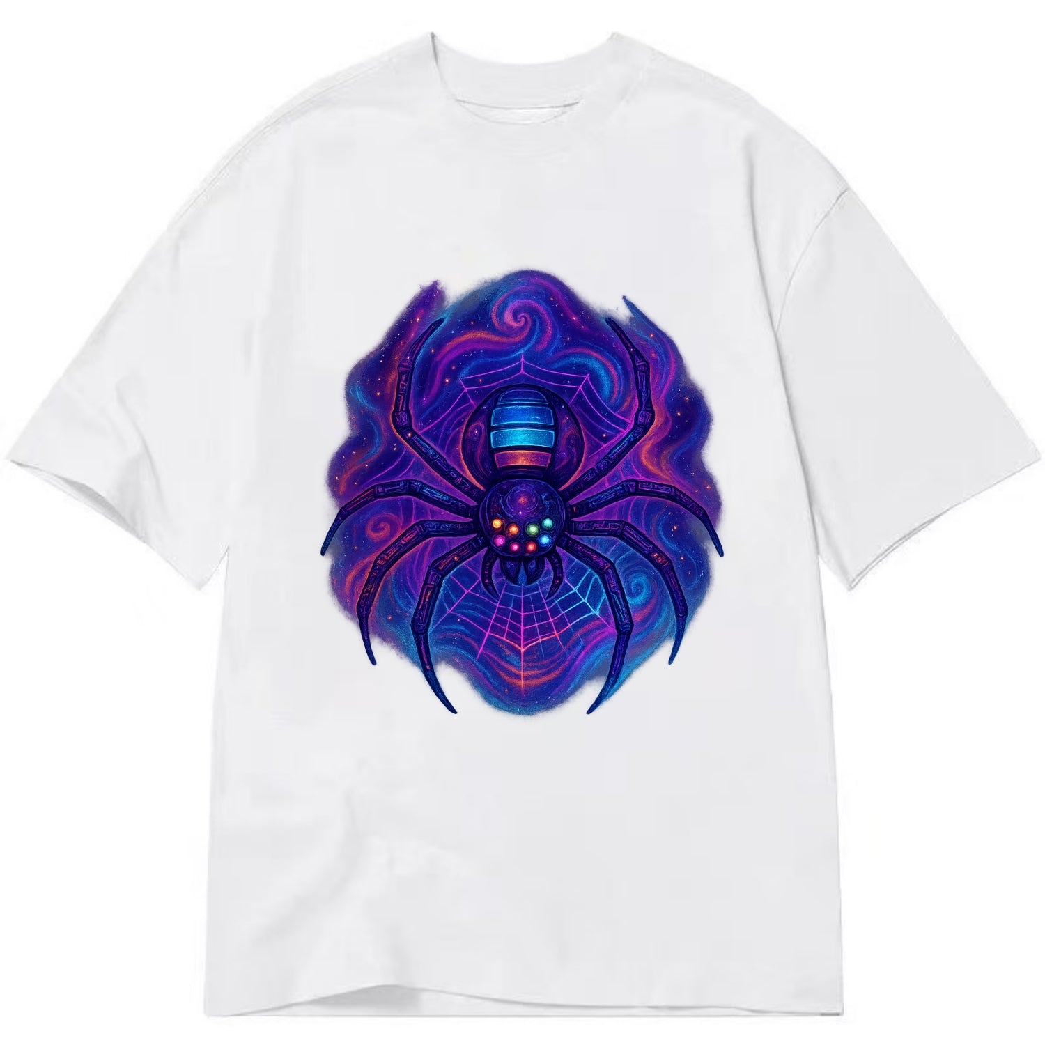 Tech spider with legs showing circuit board patterns, web glowing in neon grid - Classic T-shirt - White