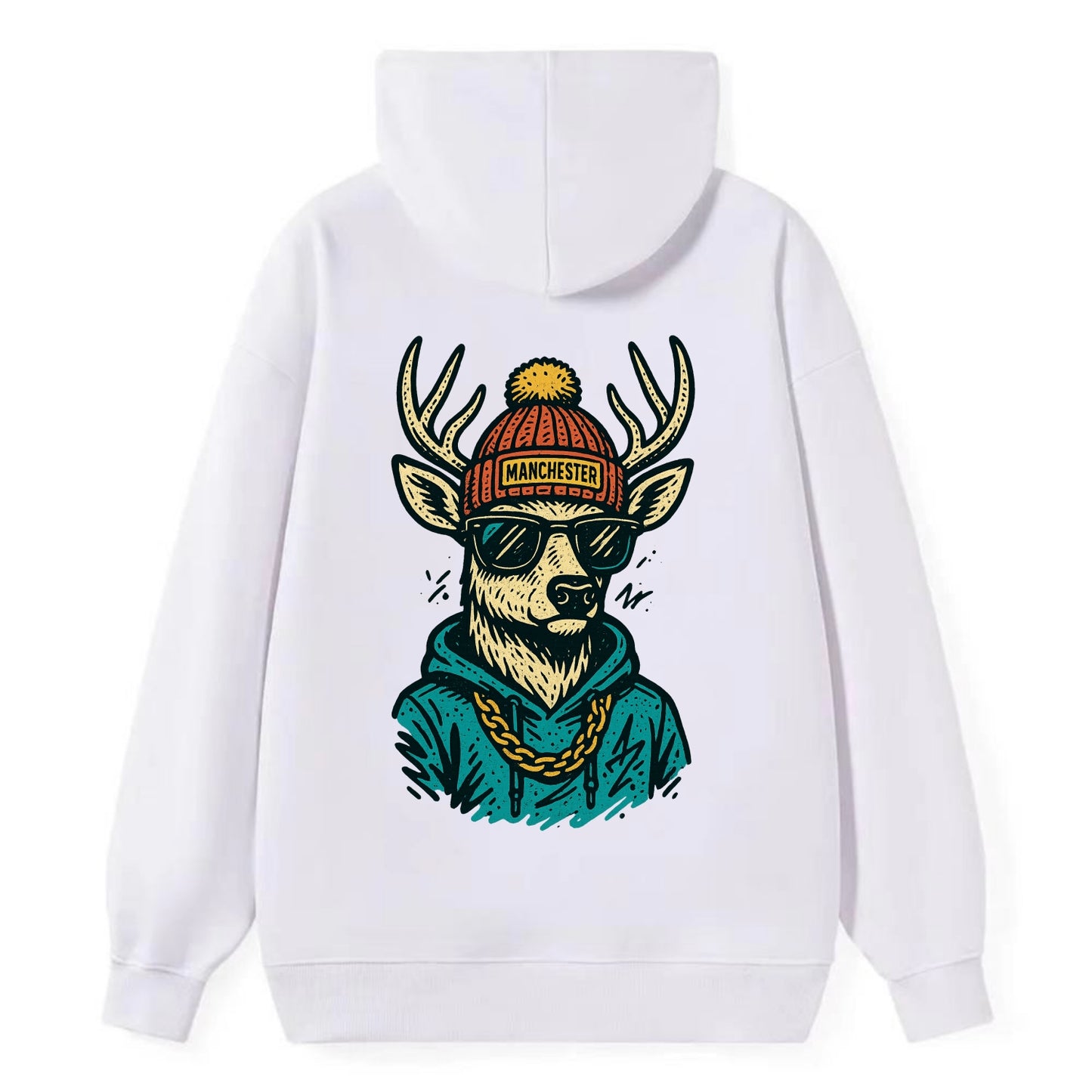 New Hampshire White-tailed Deer wearing Manchester beanie with pom pom - Classic Pullover Hoodie - White