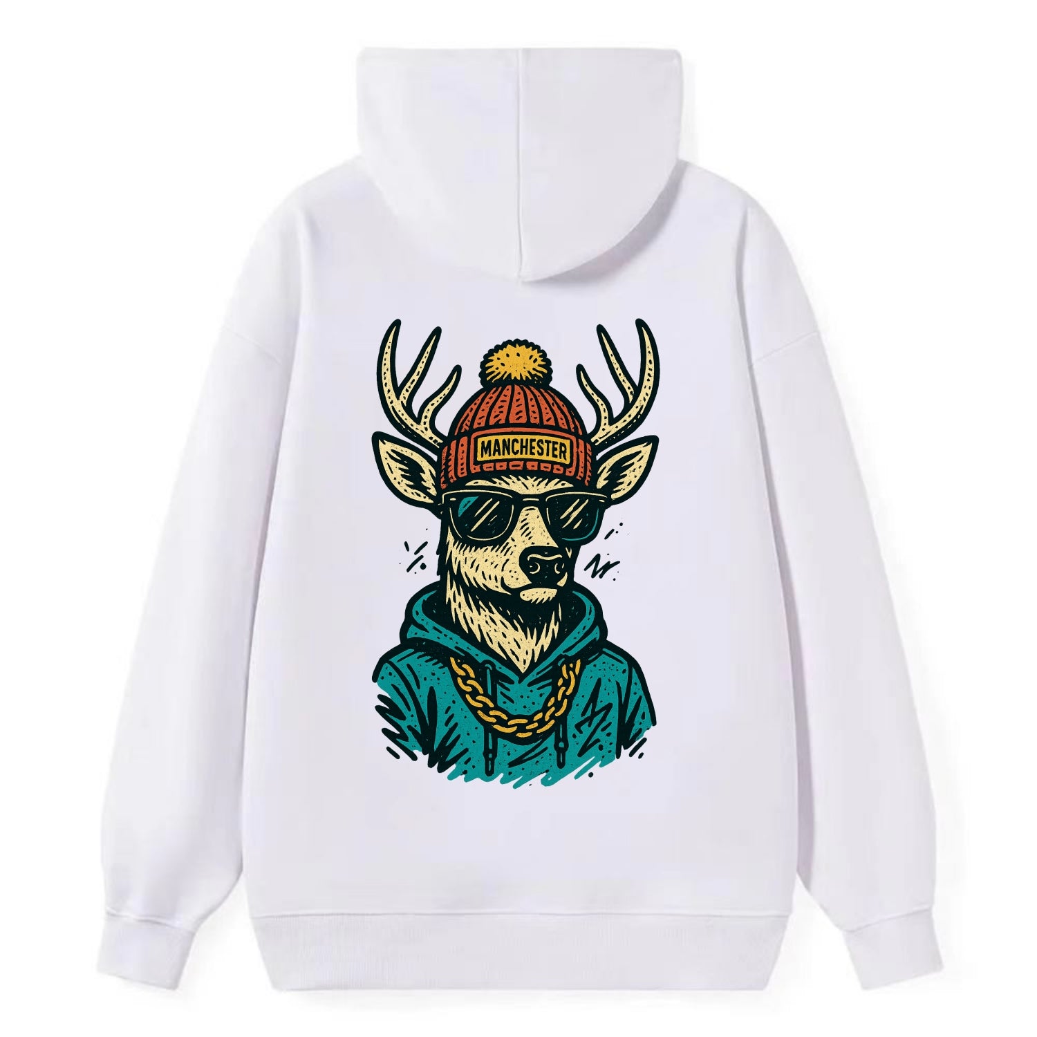 New Hampshire White-tailed Deer wearing Manchester beanie with pom pom - Classic Pullover Hoodie - White